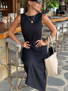 Vestido sin mangas liso estilo vacacional francés, cintura ajustada con lazada verano 2026 - Negro - Ver 6