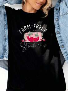 Strawberries Shirt Cottagecore Tee, Fruit Print De-Vintage Street Style Unisex Loose Cotton Short Sleeve Crew Neck T-Shirtblusas para mujer, playeras de mujer, blusas casuales para dama, - Blanco - Ver 1
