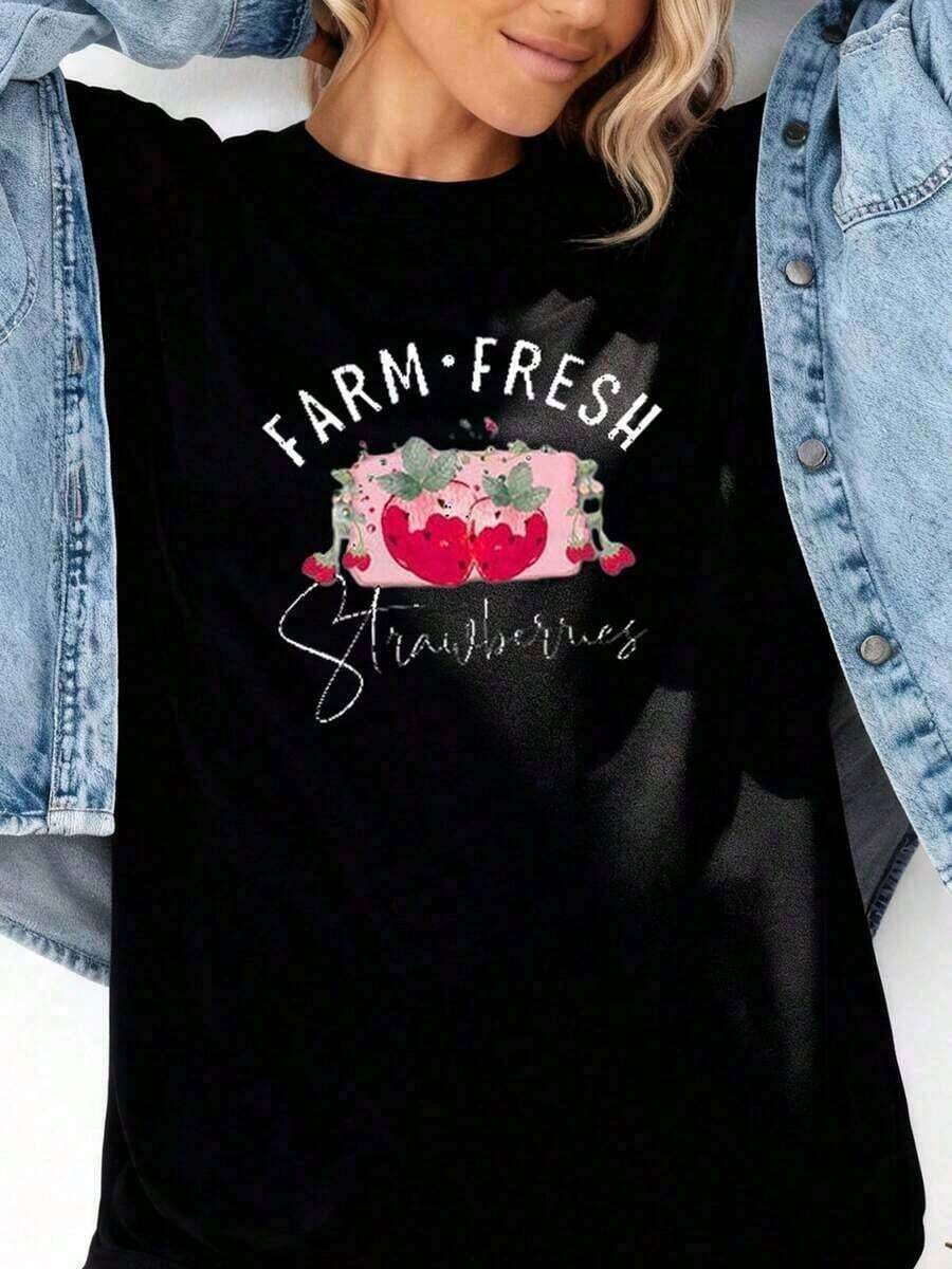 Strawberries Shirt Cottagecore Tee, Fruit Print De-Vintage Street Style Unisex Loose Cotton Short Sleeve Crew Neck T-Shirtblusas para mujer, playeras de mujer, blusas casuales para dama, - Blanco - Ver 1