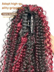 24 Inch Deep Brown Deep Wave Clip-In Ponytail Hair Extension - Heat Resistant Synthetic Fiber, Natural Curly Hair Styling Accessory, Suitable For Women's Daily Use, Daily Hairstyle Styling Accessory, Voluminous Curly Heat Resistant Fiber Wig - Red Highlight - View 4