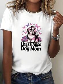 1 pieza de camiseta con estampado de rosas "Lhasa Dog Mom", top casual de manga corta y cuello redondo, ropa de mujer para primavera/verano, 180g 100% algodón. - Blanco - Ver 1