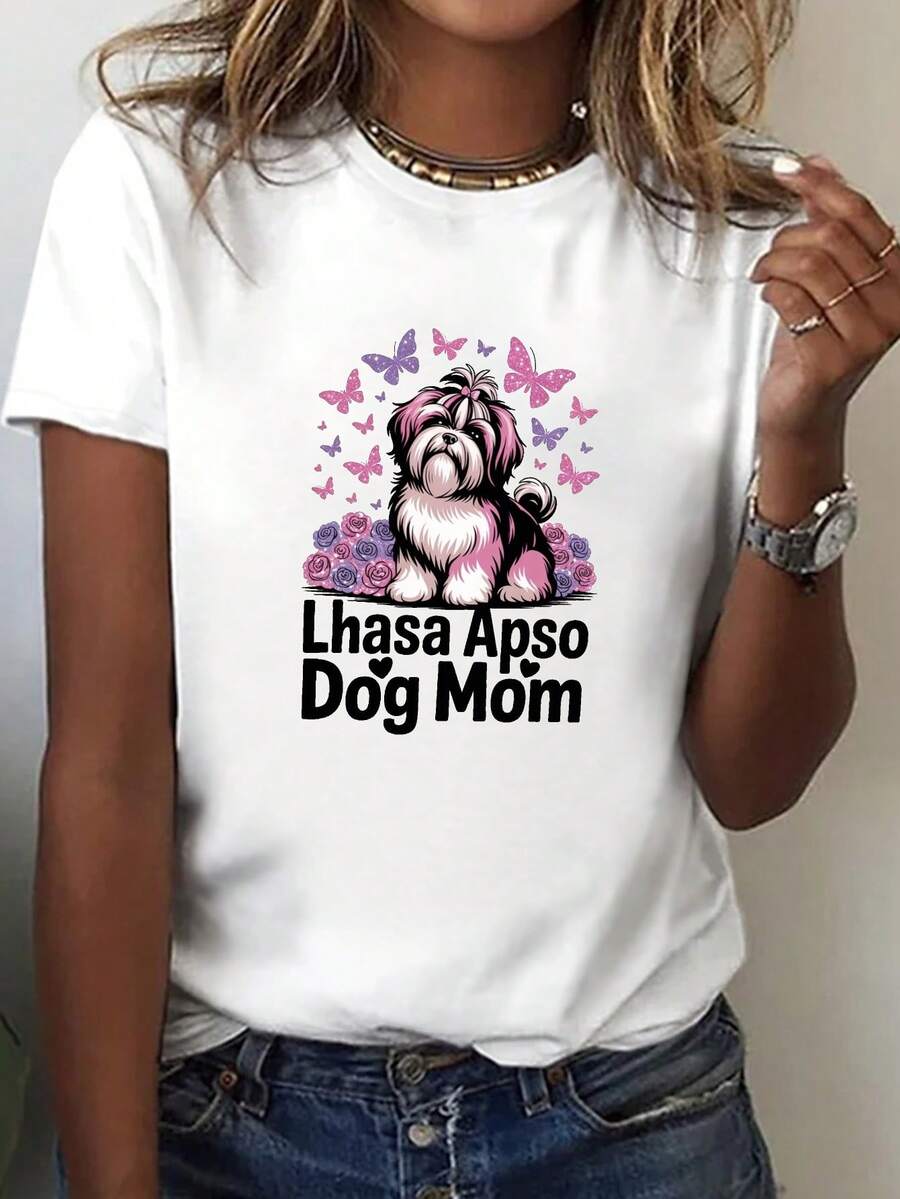 1 pieza de camiseta con estampado de rosas "Lhasa Dog Mom", top casual de manga corta y cuello redondo, ropa de mujer para primavera/verano, 180g 100% algodón. - Blanco - Ver 1