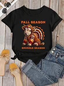 1 pieza Autumn Snuggle Season, divertida camiseta con estampado de vaca y pavo, 180g, 100% algodón - Negro - Ver 2