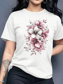 Women's Graphic T-Shirt, Short Sleeve, Round Neck, Basic, Comfortable, Cool, Lightweight, Modern, Youthful, Feminine, Floral Print, Lily, Leaves, 3D - 白色 - 查看 1