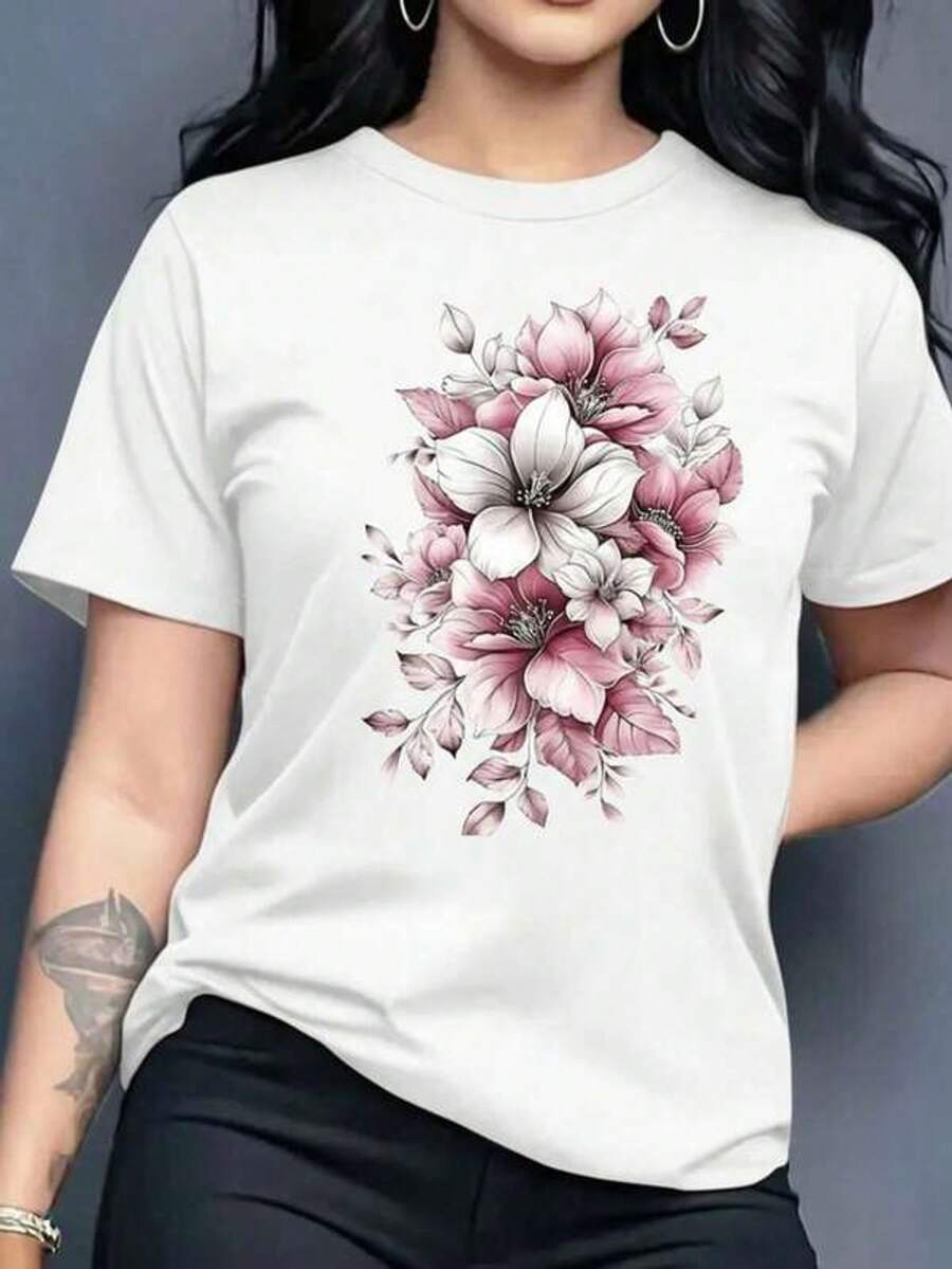 Women's Graphic T-Shirt, Short Sleeve, Round Neck, Basic, Comfortable, Cool, Lightweight, Modern, Youthful, Feminine, Floral Print, Lily, Leaves, 3D - 白色 - 查看 1