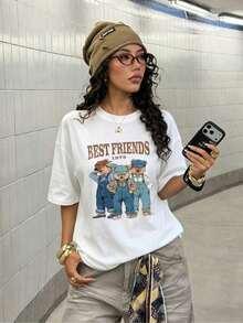Women's Casual Loose Fit T-Shirt With "Best Friends 1979 Bear" Print, Breathable And Comfortable, Short Sleeve, Crew Neck, Retro 3 Bear Print, Soft Fabric, Perfect For Everyday Wear And Urban Style Y2K - 白色 - 查看 1