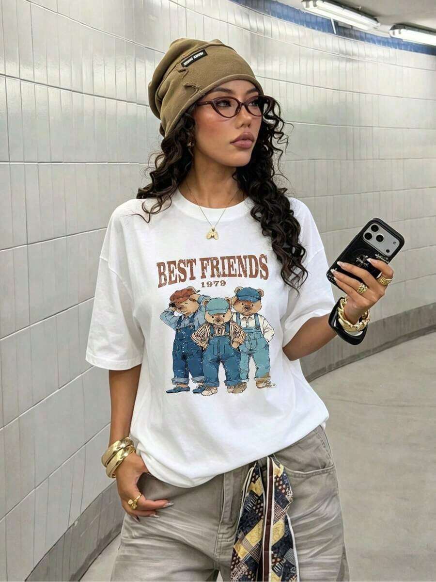 Women's Casual Loose Fit T-Shirt With "Best Friends 1979 Bear" Print, Breathable And Comfortable, Short Sleeve, Crew Neck, Retro 3 Bear Print, Soft Fabric, Perfect For Everyday Wear And Urban Style Y2K - 白色 - 查看 1