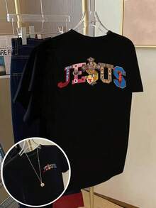Short-Sleeved T-Shirt With Front And Back Print -  Jesus Christ Print - Women's  Print T-Shirt For Spring/Summer, Fashionable Item. Elegant Party Outfit, T-Shirt For Elegant Ladies, Blouses Suitable For Curvy Women, Prom Skirts, Casual Wear - 黑色 - 查看 7