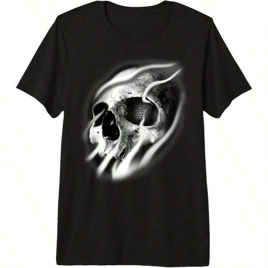 1 Piece Skull X Oke X Flower Of X Mandala Pm Tri-Blend T-Shirt For All Seasons, 100% Cotton, Single-Sided Print, Round Neck, Short Sleeve, Unisex, Base Layer, 180g, 100% Cotton. - 顏色 9 - 查看 1