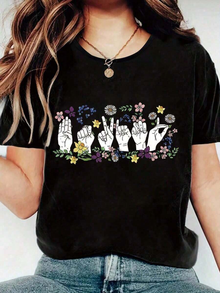 1 Piece Women's Round Neck Cotton T-Shirt With Flower Hand Sign Graphic Print "Be Kind To The Deaf" For Teachers And Interpreters, Women's Graphic Tees, Women's Summer Sets, Summer Tops, 180g 100% Cotton. - 黑色 - 查看 1