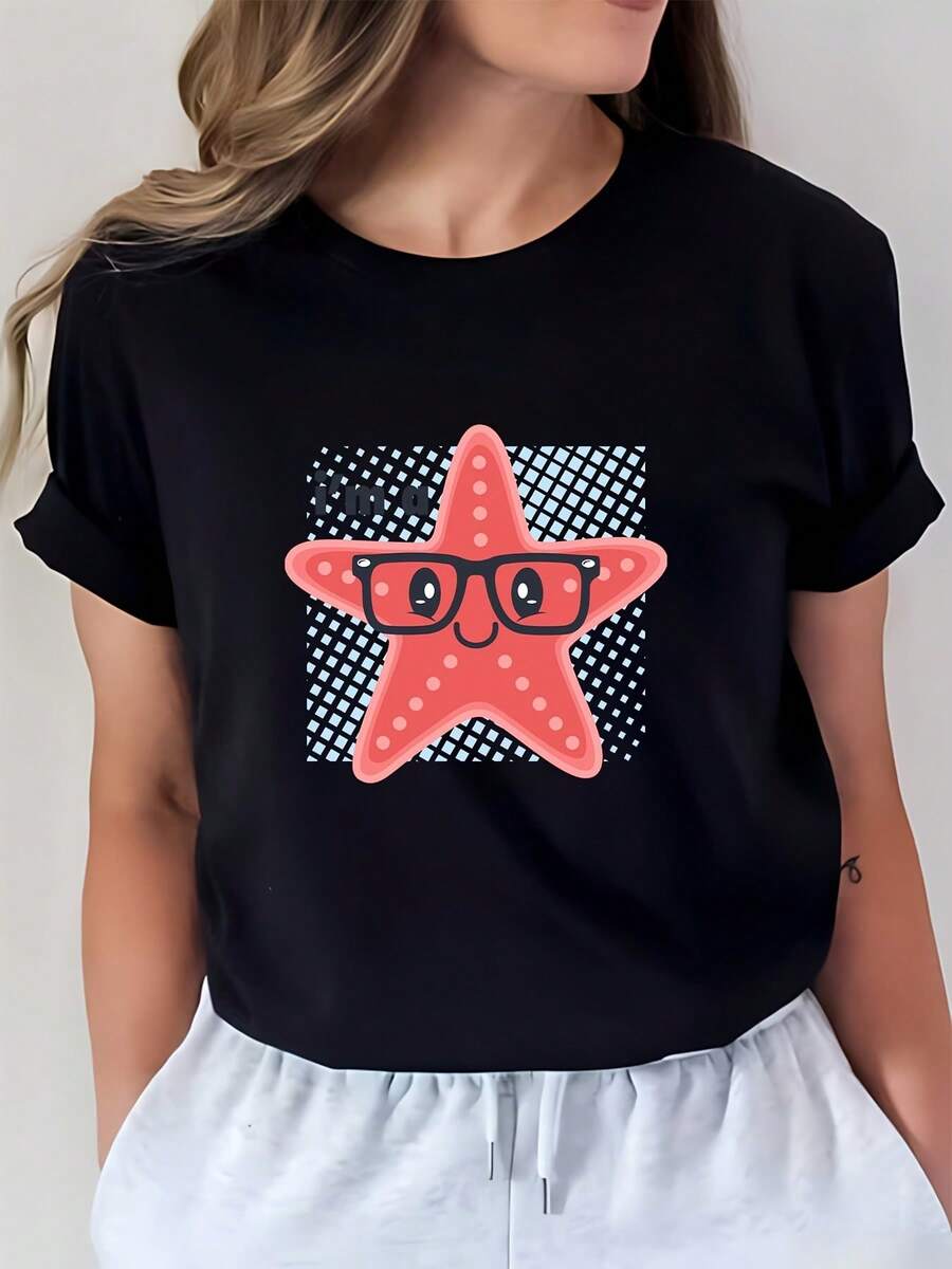 Camiseta moderna y linda con estampado de estrellas de mar, top casual de verano para mujer, conjuntos a juego para la familia, idea creativa de regalo para las vacaciones, camiseta de manga corta de moda para las vacaciones, estilo vampiro demonio. Top de manga corta cómodo y versátil. - Negro - Ver 1