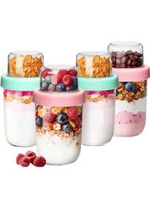 2pcs Overnight Oats Container With Lid, Double-Layer Chia Pudding Cup With Dry & Wet Separation, Leak-Proof Yogurt Fruit Cereal Salad Cup, Stackable Durable Glass Overnight Oats Container For Work, Gym, School, Travel, Refrigerator Storage - Multiple Styles - View 4