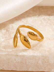 1pc Minimalist 18K Gold Plated Stainless Steel Leaf Open Ring, Suitable For Women's Daily And Party Wear - Gold - View 5