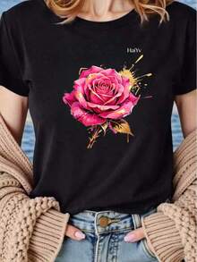 Limited Time Offer, Limited Quantity Available, Flash , Women's Shirts, Women's T-Shirts. Women's Oversized White T-Shirt, Short Sleeve, Round Neck, Pink Rose Print With Gold And Graffiti Details, Casual Elegant Style For Everyday Wear - 黑色 - 查看 3