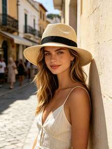 1 chiếc mũ rơm chống nắng mùa hè unisex, mũ rộng vành đi biển, mũ rơm Panama du lịch, mũ rơm chóp tròn. - Nhiều màu - Xem 2
