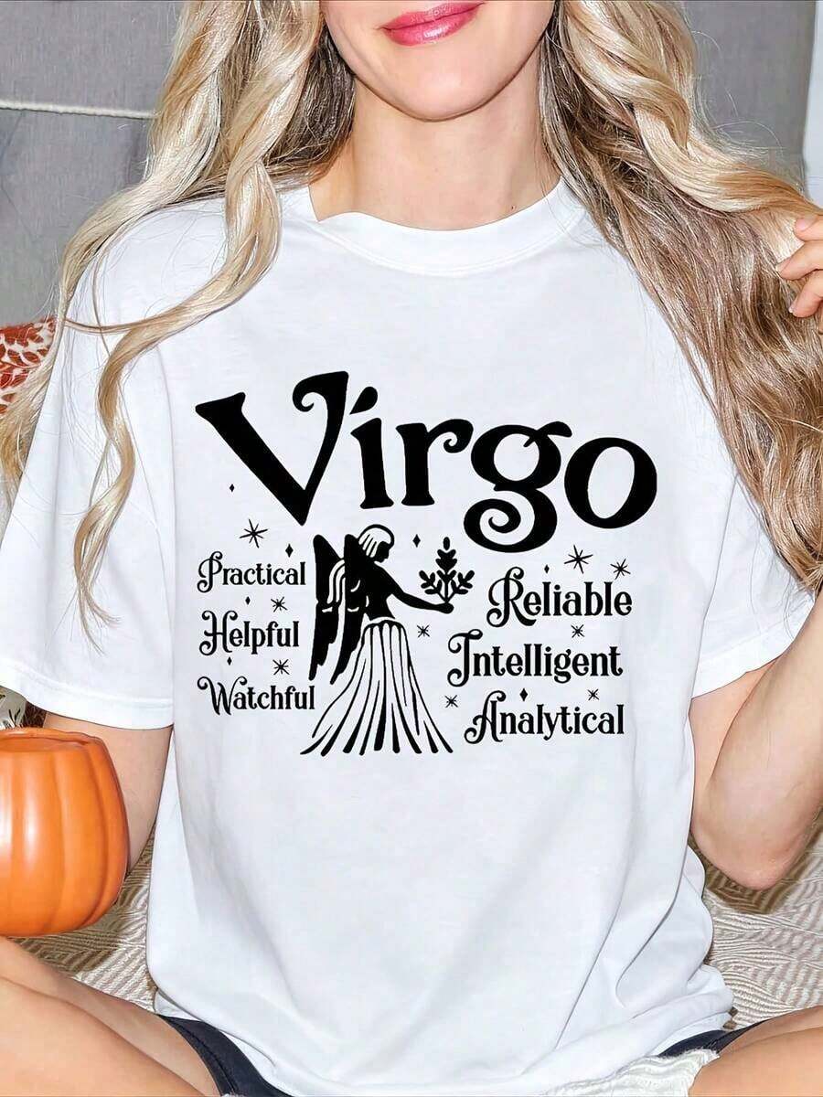 Women's T-Shirt With The Virgo Zodiac Sign, Featuring The Virgo Symbol And Characteristics. Practical, Helpful, Vigilant, Reliable, Intelligent, And Analytical. Casual Print, Round Neck, Short Sleeves, Soft, Comfortable, Simple, And Fashionable For Autumn And Winter. A Gift For Virgo Lovers, Friends, And Family. - 白色 - 查看 1