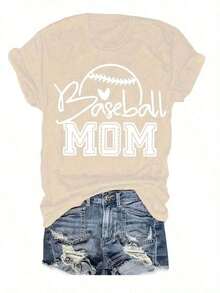 Women's 2026 World Cup T-Shirt, Casual Style With "Baseball Mom" Graphic Design - Black Crew Neck T-Shirt With Baseball And Heart Design, For All Seasons, Casual Wear | Baseball Theme | Durable, Loose And Comfortable Fabric, Printed, Women's Clothing, Summer Blouses For Women. - 杏色 - 查看 1
