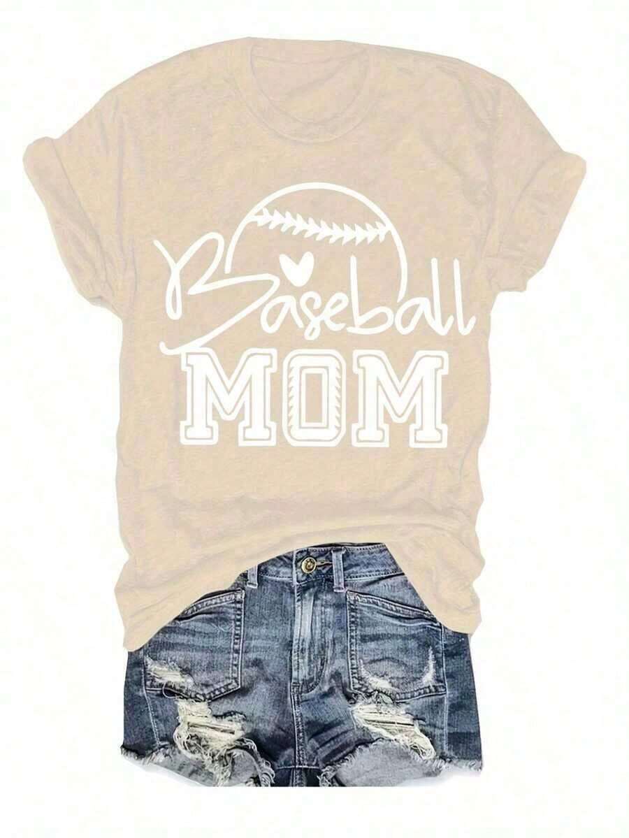 Women's 2026 World Cup T-Shirt, Casual Style With "Baseball Mom" Graphic Design - Black Crew Neck T-Shirt With Baseball And Heart Design, For All Seasons, Casual Wear | Baseball Theme | Durable, Loose And Comfortable Fabric, Printed, Women's Clothing, Summer Blouses For Women. - 杏色 - 查看 1