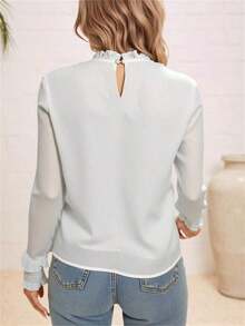 Blusa de manga larga transparente de unicolor para uso casual u oficina para mujeres - Blanco - Ver 2
