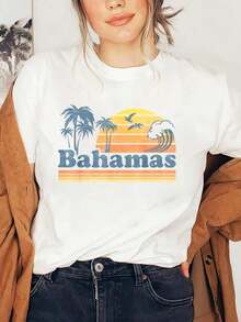 Suave Bahamas Beach Summer Vacation Sunset Vintage 70'S Retro T-Shirt, Camiseta casual de cuello redondo y manga corta para verano, Camiseta blanca, Camisetas de verano, blusas casuales, playeras de mujer de algodón - Blanco - Ver 1
