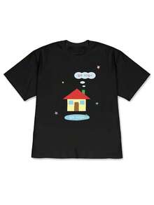 Women's Korean Style T-Shirt With Cozy House Print - Short Sleeve Off-Shoulder Blouse, Spring Summer Casual Wear, Machine Washable, 1 Piece For Everyday Summer Outfits - 黑色 - 查看 1