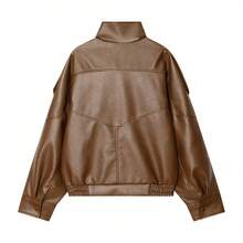 Autumn Winter Women Loose Faux Leather Jacket, Fashion Street Motorcycle Jacket With Zipper Pockets - Camel - View 5