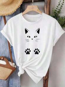 Women's Premium Summer Tops, Casual Style. Wo Summer Top. Short-Sleeved Casual T-Shirt. Cat Face And Paw Print Design. Suitable For Everyday Casual Wear. Lightweight. Wo Casual Top | Wo Summer T-Shirts Are A Must-Have For Everyday Casual Wear. A Hit. Great Gift Idea. - 白色 - 查看 7