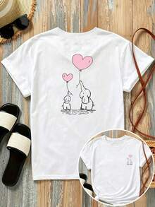 Nueva camiseta de manga corta de 180 g,% algodón, con estampados frontales y traseros - Globos de Amor, Pareja de Elefantes - Camiseta estampada de moda para mujer, de manga corta, adecuada para todas las estaciones, ropa moderna - se puede usar como capa base en primavera y otoño o sola en verano, unisex. - Blanco - Ver 7