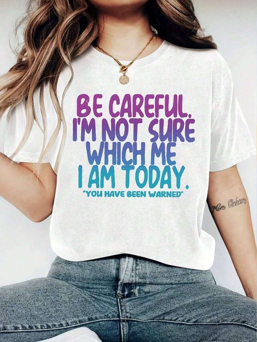 Women's Humorous Graphic T-Shirt, Modern Minimalist Style, With The Phrase "Today I'm Not Feeling Like Myself" - Bright Letter Print, Short Sleeve, Summer Top, Casual Style, Funny Text T-Shirt, Women's T-Shirt, Casual For Everyday Wear - 白色 - 查看 1