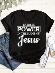 Camiseta de manga corta con cuello redondo para mujer, estampado de letras, versátil, informal y para uso diario, camisetas de mujer, camisetas gráficas, tops de mujer, camisetas de verano, camisetas casuales, blusas elegantes para dama. - Negro - Ver 7