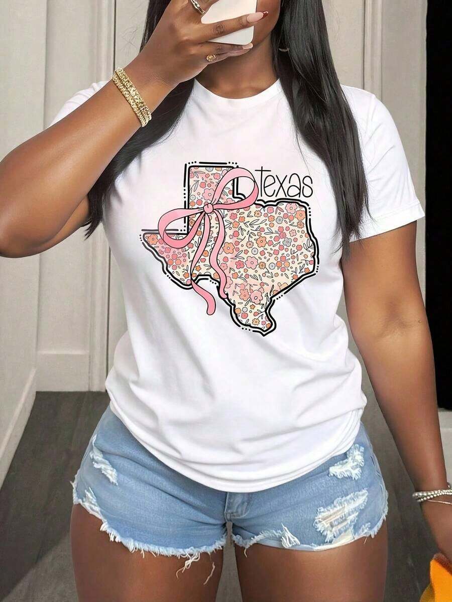 Mexican Women's Round Neck T-Shirt With Floral Print Of The State Of Texas And Pink Bow, Short Sleeve, Casual Summer Style For Daily Use. - 白色 - 查看 1