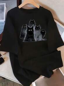 Women's Cotton T-Shirts With Round Neck, Women's Summer Casual Clothing, Fluffy Black Kitten Print T-Shirt, Pure Cotton Round Neck Top, Simple T-Shirt For Everyday Wear. - 黑色 - 查看 7