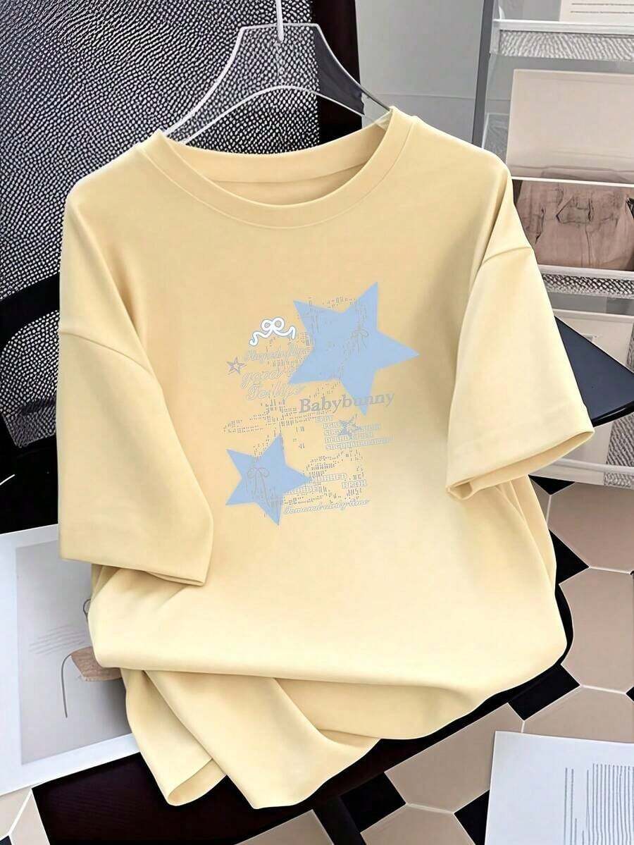 Women's Cotton T-Shirt, Round Neck, Casual Summer Short Sleeve T-Shirt, Slim Fit, Pure Cotton, Women's Clothing. Simple T-Shirt For Everyday Wear - 杏色 - 查看 1