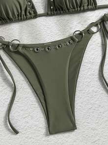 Đồ bơi bikini nữ phong cách Bohemian, họa tiết hình học & hoa nhiệt đới, buộc trước, dễ thương thanh lịch gợi cảm, mặc thường ngày cho kỳ nghỉ hè - Màu xám đen - Xem 6