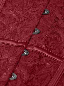 Elegant Vintage Solid Color Petal Sleeve Lace Waist Top, Heart Neckline Lace Panel Front Button Closure, Suitable For Wedding Season & Summer Vacation - Burgundy - View 7