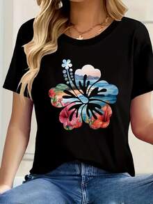 Women's T-Shirt With Hawaiian Hibiscus Tropical Floral Print And Vibrant Multicolor Palm Leaf Design, Aesthetic Clothing - Vintage Urban Style, Unisex, Cotton, Short Sleeve, Round Neck, Loose Fit - 黑色 - 查看 2