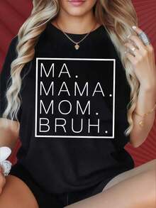 Women's Round Neck Short Sleeve T-Shirt, Fun To Print, Casual Black Graphic Print T-Shirt For Mother's Day, Funny T-Shirt For Moms, Fashionable Top, Suitable For Christmas Parties, Sports Activities, Holiday Parties, Outings, Sports And Other Festive Gifts (220g). Women's Blouses - 黑色 - 查看 1