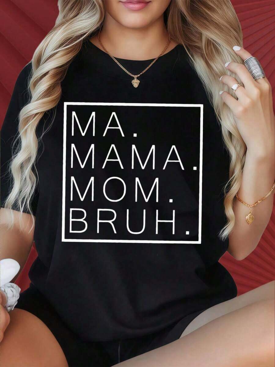 Women's Round Neck Short Sleeve T-Shirt, Fun To Print, Casual Black Graphic Print T-Shirt For Mother's Day, Funny T-Shirt For Moms, Fashionable Top, Suitable For Christmas Parties, Sports Activities, Holiday Parties, Outings, Sports And Other Festive Gifts (220g). Women's Blouses - 黑色 - 查看 1