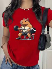100% Cotton. Muscular Capybara Lifting Weights Symbolizes Inner Strength And A Positive Attitude To Overcome Daily Challenges. Women's 100% Cotton T-Shirt, Comfortable And Fun For Casual Wear. Women's Simple Solid Color T-Shirt, Loose And Slim Fit Casual Short Sleeve - 紅色的 - 查看 1