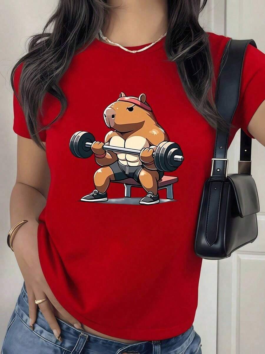 100% Cotton. Muscular Capybara Lifting Weights Symbolizes Inner Strength And A Positive Attitude To Overcome Daily Challenges. Women's 100% Cotton T-Shirt, Comfortable And Fun For Casual Wear. Women's Simple Solid Color T-Shirt, Loose And Slim Fit Casual Short Sleeve - 紅色的 - 查看 1