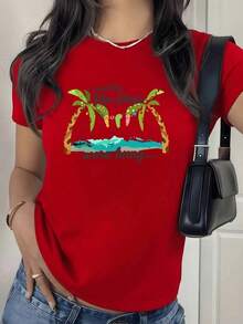 100% Cotton. Palm Trees By The Sea With Dangling Sandals Evoke Rest And Tropical Freedom. Women's T-Shirt, 100% Soft And Comfortable Cotton For Sunny Days. Women's Simple Solid Color T-Shirt, Loose And Slim Fit Casual Short Sleeve - 紅色的 - 查看 1
