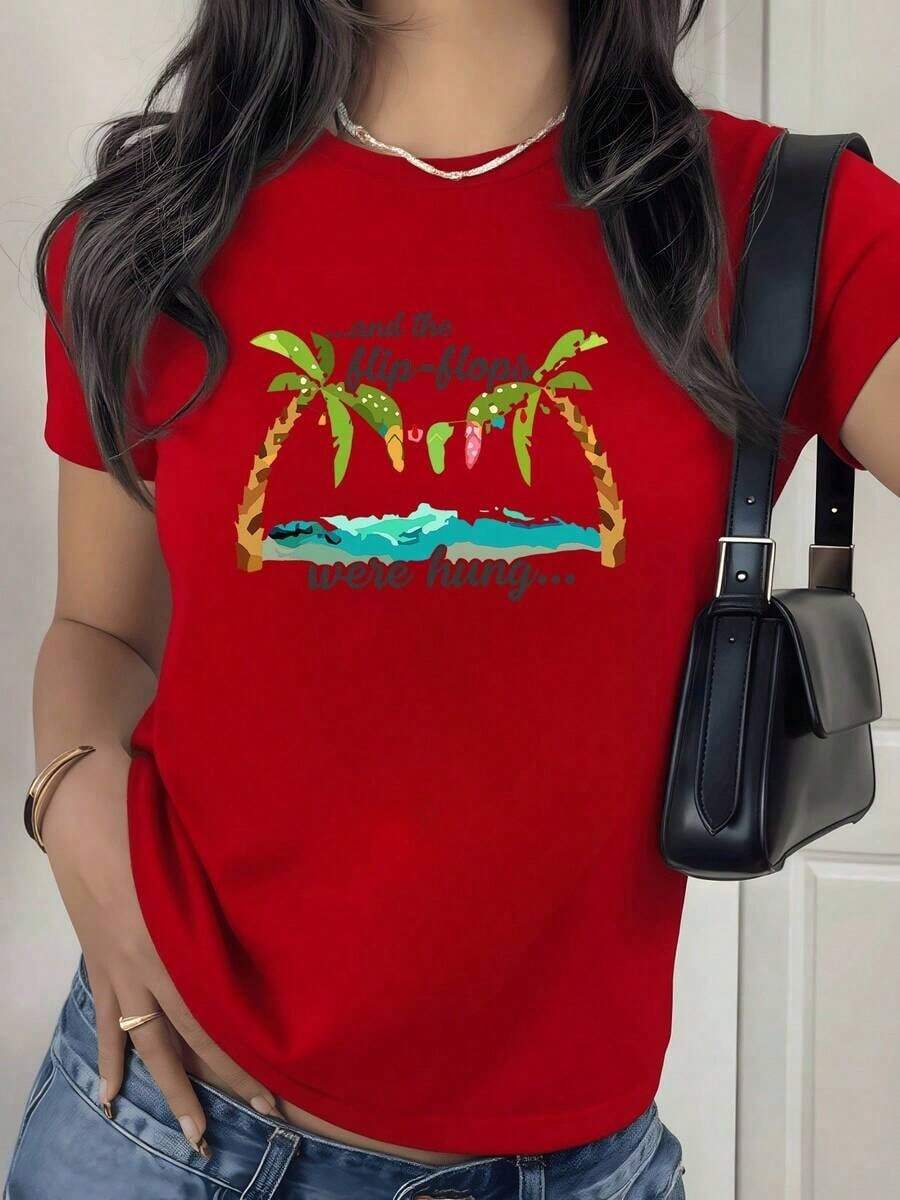 100% Cotton. Palm Trees By The Sea With Dangling Sandals Evoke Rest And Tropical Freedom. Women's T-Shirt, 100% Soft And Comfortable Cotton For Sunny Days. Women's Simple Solid Color T-Shirt, Loose And Slim Fit Casual Short Sleeve - 紅色的 - 查看 1