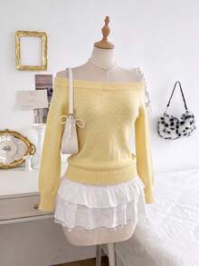 Soft Ribbed Off Shoulder Long Sleeve Knitted Crop Top, Pastel Yellow Slim Fitting Short Sweater For Women Street Fashion - Yellow - View 7