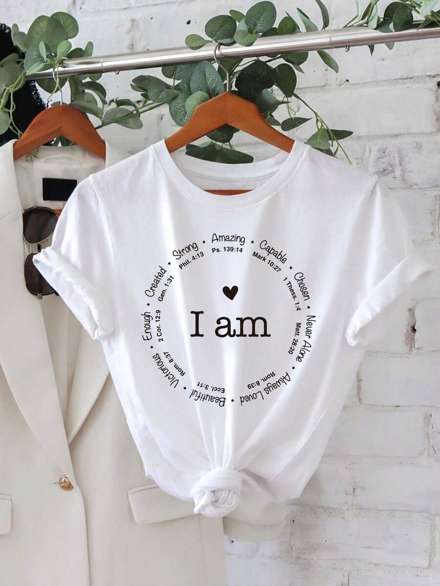 Women's T-Shirt With Letter Print - Casual Short Sleeve Top With Round Neck, Spring/Summer Essential, Machine Washable, Elegant Party Outfit, T-Shirt For Elegant Ladies, Blouses Suitable For Curvy Women, Prom Skirts, Casual Wear, Adorable Animal Print, Fun Letter Print - 白色 - 查看 1