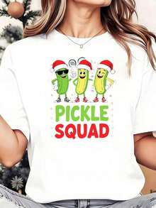 Pickle Squad Christmas T-Shirt, Fun Christmas Gift For Men And Women, Unisex T-Shirt With Cute Pickle Characters Wearing Santa Hats And Sunglasses, Short Sleeves With Funny Prints, Suitable For Christmas Gifts Such As Parties, Outings And Sports, Cool Summer Clothes For Women. - 白色 - 查看 1