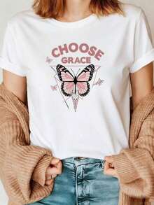 Premium Quality Comfortable White T-Shirt With Rolled Sleeves, Stylish Text And Pink And Black Butterfly Print, Brown Knit Cardigan, Blue Jeans With Belt Buckle – Women's Everyday Casual Outfit. Gift Idea. - 白色 - 查看 7