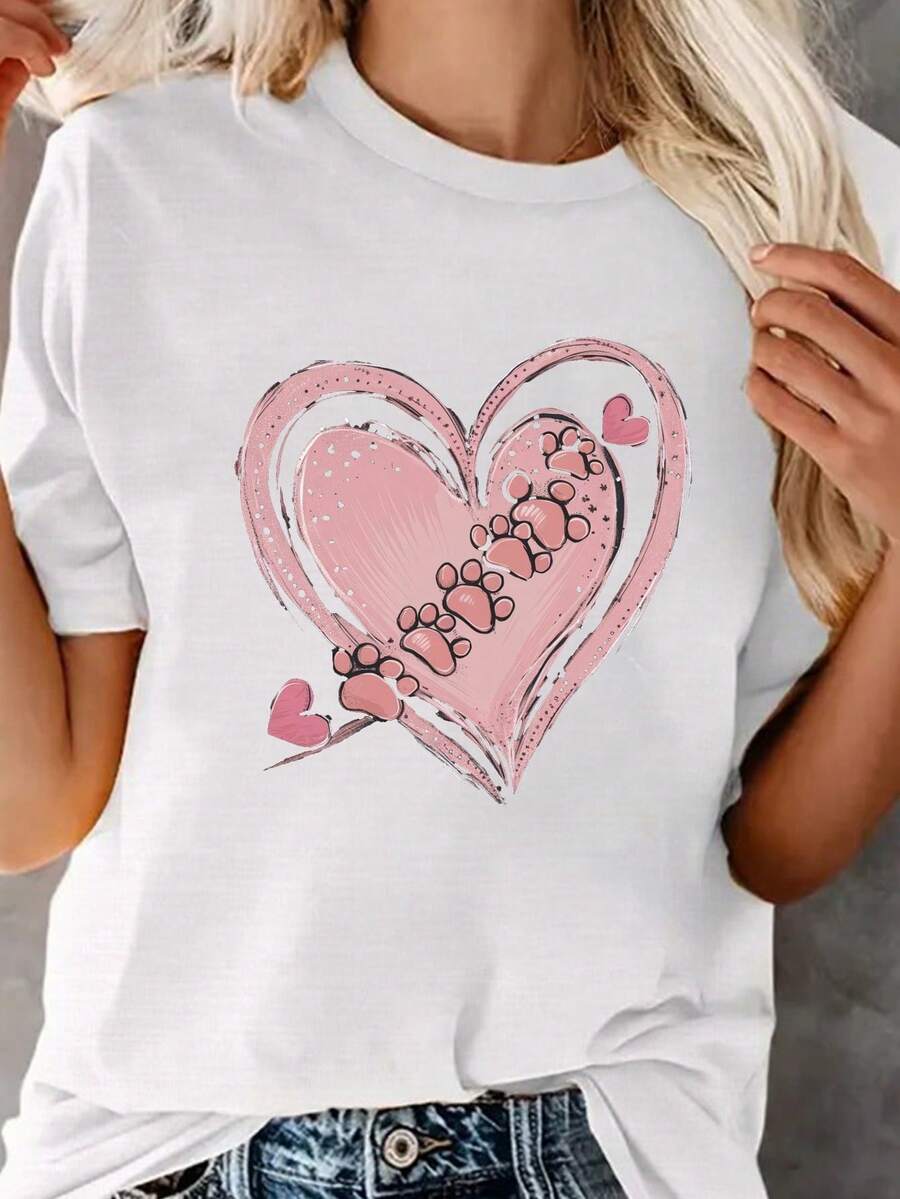 Heart With Paw Prints, Code US06, Short Sleeve Clothing For Women - Unisex Urban Vintage Style Loose Cotton Short Sleeve T-Shirt With Round Neck. - 白色 - 查看 1