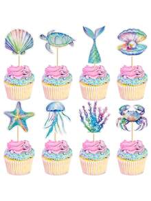 16pcs Ocean Themed Cupcake Toppers, Includes Watercolor Seashells, Starfish, Octopus, Turtles, Jellyfish Designs, Suitable For Ocean-Themed Baby Shower, Boys/Girls Ocean Birthday Party, Summer Tropical Party, Pool Party, Beach Party Decorations - A - View 1