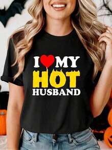 Funny T-Shirt For Women With The Phrase "I Love My Attractive Husband" - Gift For Wife With Personalized Heart Design And Husband's Name (No Slogan/Name) - Soft And Stretchy Fabric, Casual Crew Neck Short Sleeve T-Shirt For Anniversary, Birthday, Matching Set Women's Blouses > Clothing - 黑色 - 查看 1