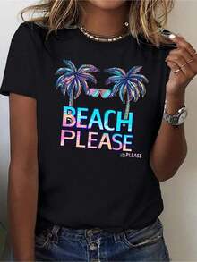 Women's Soft Neon Print "BEACH PLEASE" T-Shirt - Casual Black T-Shirt With Palm Tree Design, Short Sleeves, And A Round Neck For Spring And Summer. Women's Short-Sleeve T-Shirts, Graphic Tees, Women's Graphic Tops, Summer T-Shirts, Casual T-Shirts, Summer Tops, Summer Sets For Women, Comfortable Casual Short-Sleeve Round-Neck T-Shirt, Elegant Blouses For Ladies. - 黑色 - 查看 7